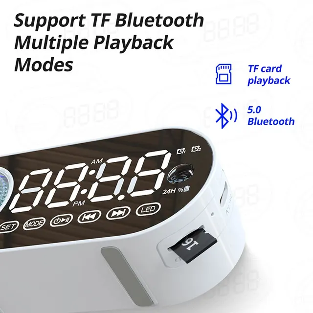 Quiet Wireless Bluetooth Speaker Alarm Clock RGB TWS USB LED Mirror Digital Clock FM Large Display Living Room Office Decoration 5