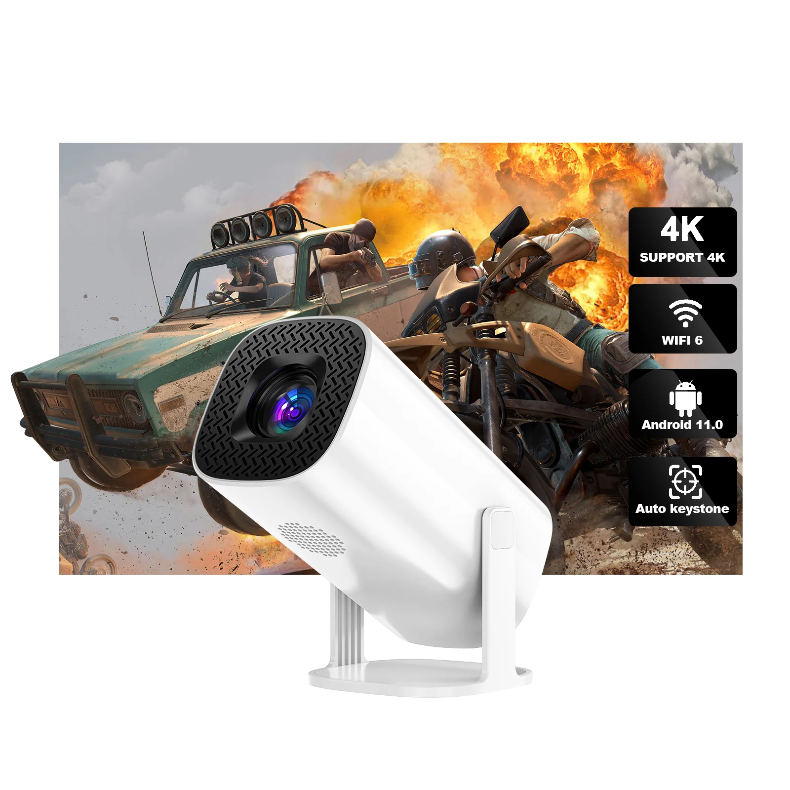 Mini Proyector 4K Android 11 - WiFi 6, Bluetooth 5.0, 130 Pulgadas, Rotación 180°, Ideal Para Móvil/PC/HDMI