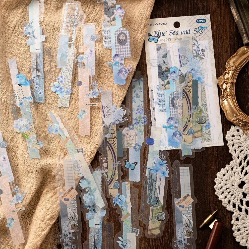 20Pcs Vintage Long Strip Stickers Scrapbooking Diary Album Decor PET Flowers Butterflies Plants DIY Handmade Journal Supplies