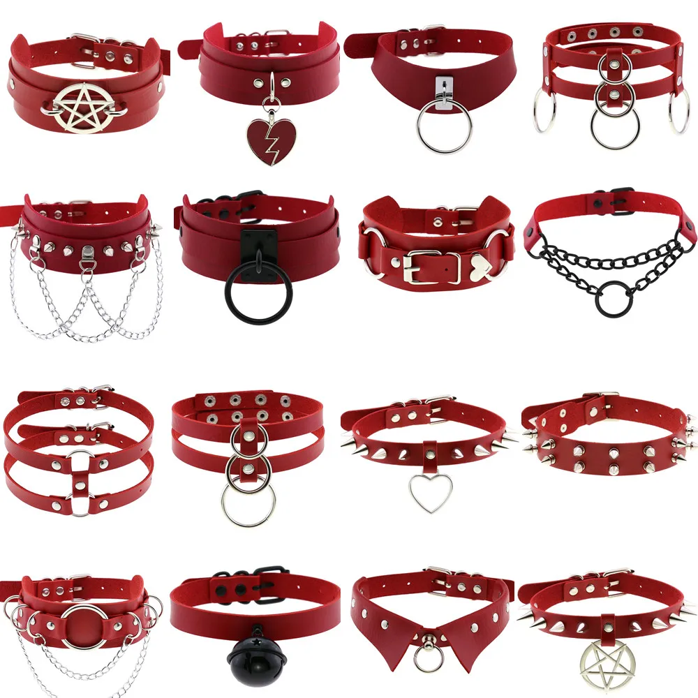Men Harajuku Red PU Leather Necklace Choker Women Ladies Punk Gothic Vintage Statement Collar Pendant Necklace