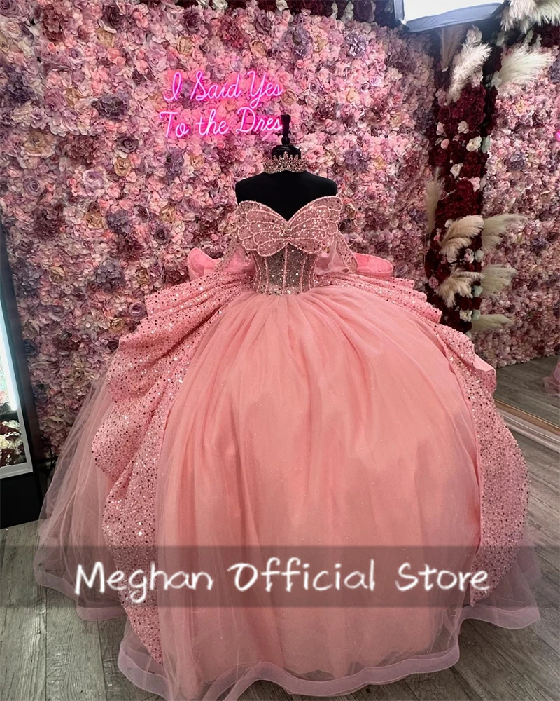 Mexico Pink Sweetheart Beaded Quinceanera Dresses Ball Gown Bow Tiered Dress Butterfly Lace Up Back robes de soir&eacute;e Customized