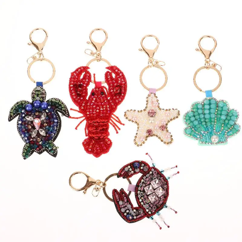 Strass-Hummer-Perlen-Anhänger, hübsche handgenähte Taschenanhänger, Krabbenmuscheln, Schildkröte, hängende Seilflicken, Applikation, Taschen-Lanyard – Detail 6