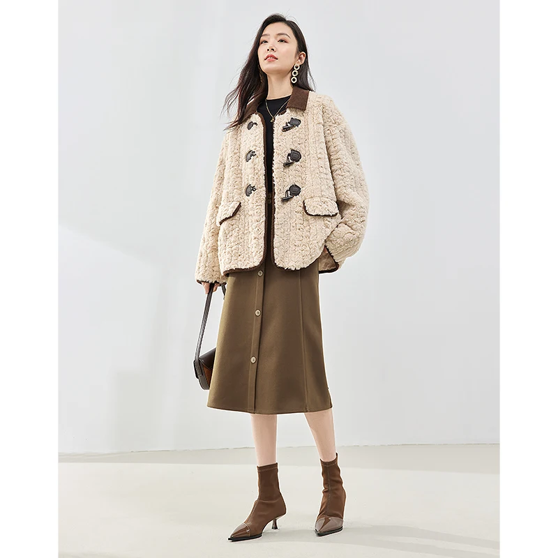 Toyouth Women Plush Coat Winter Long Sleeve Lapel Loose Jacket Cow Horn Buckle Fashion Warm Soft Khaki Clothes Tops