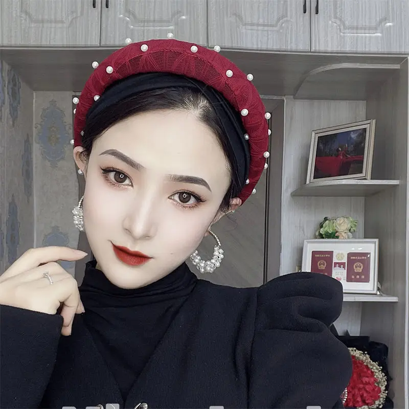 Pearls Beading Turban Caps with Hair Bands Muslim Headscarf Bonnet