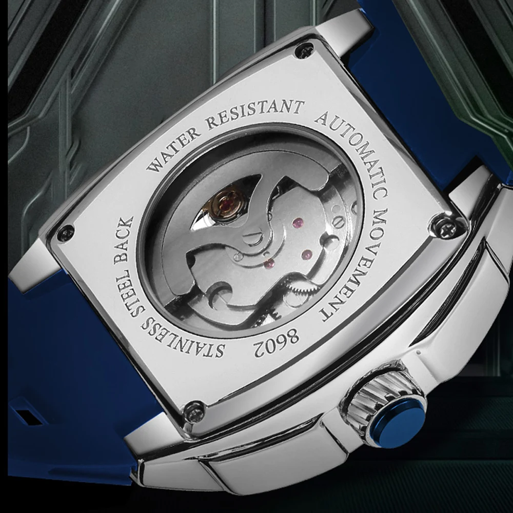 MEGIR Blue Automatic Mechanical Watch for Men Fashion Casual Sport Waterproof Wristwatch Male with Silicone Strap Tonneau Dial - 4