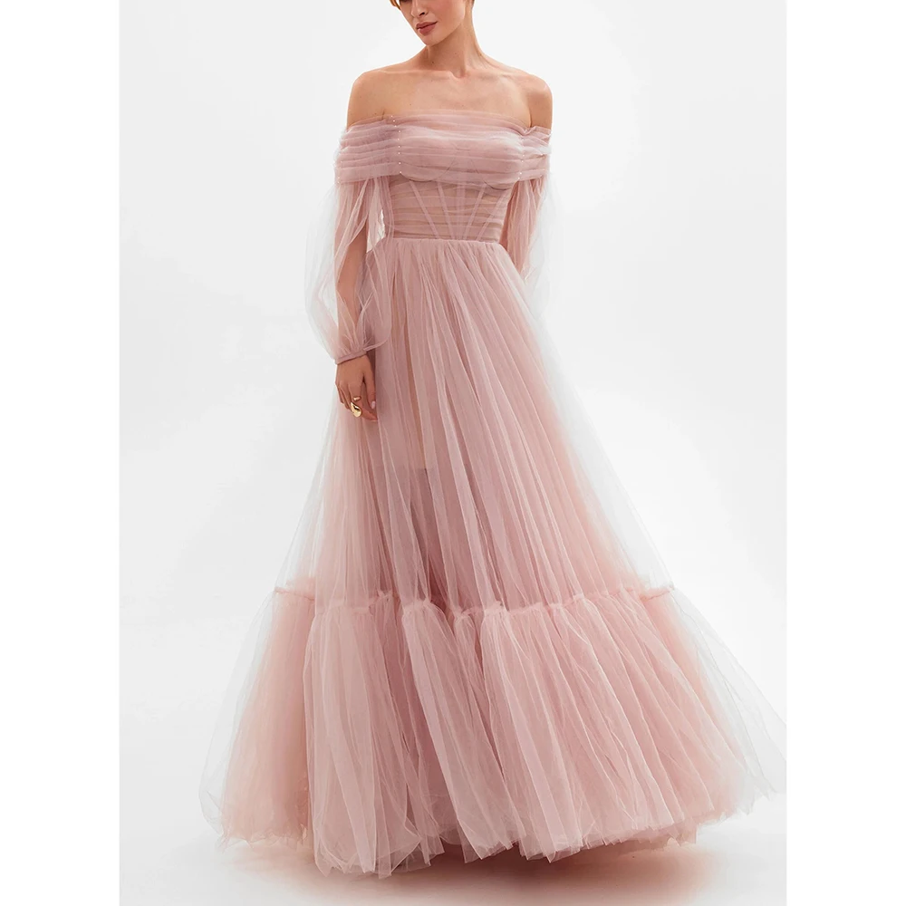 

LAIDITYA Elegant Strapless Ruched Prom Dress Fashion Lace Long Sleeves Floor Length A-Line Princess Party Evening Dresses Custom