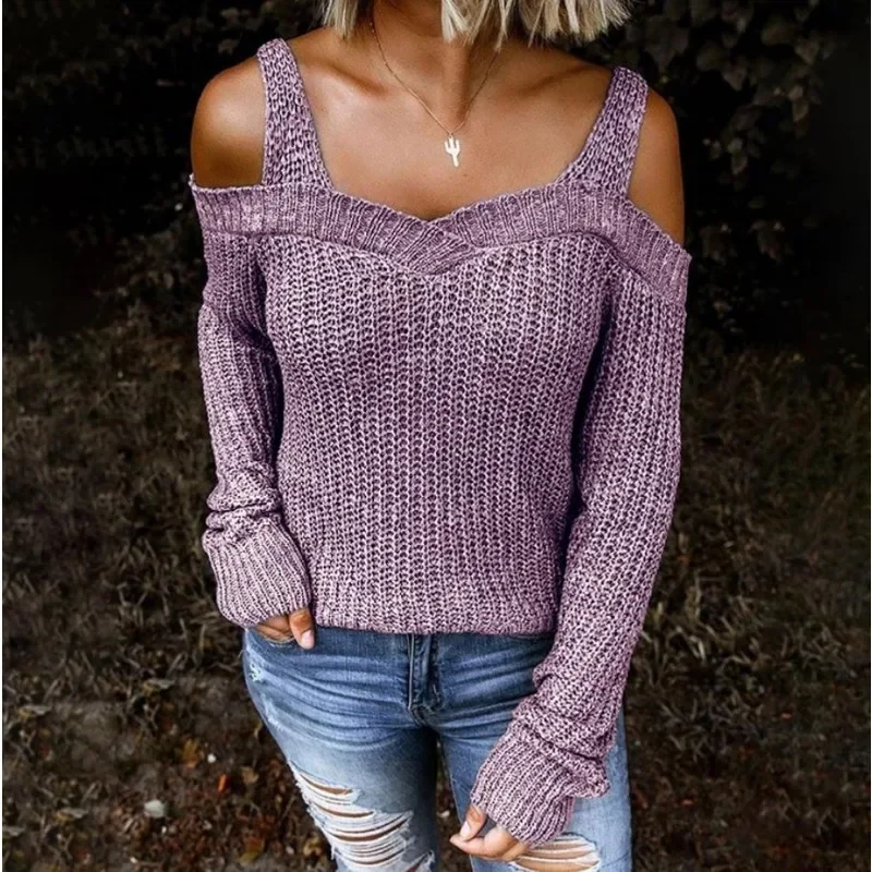 

2024 Fall Sexy Off-the-Shoulder Knit Solid Sweater Winter Warm Solid Pullover Casual Long Sleeve Knitwears Jumper New 30030