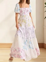 Elegant Floral Print Short Sleeve A-Line Dress with Ruffled Hem for Women Perfect for Cocktail Parties and Streetwear Fashion