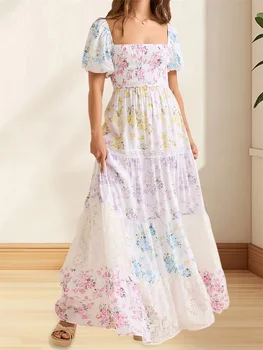 Elegant Floral Print Short Sleeve A-Line Dress with Ruffled Hem for Women Perfect for Cocktail Parties and Streetwear Fashion 1