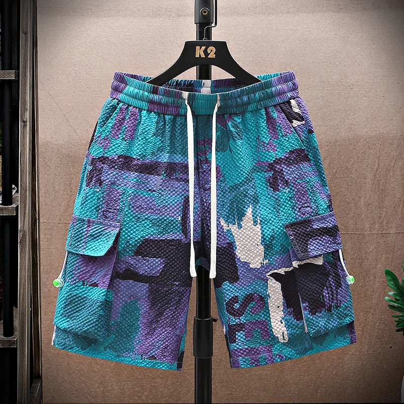 

Casual 2023 Summer Men's Loose Shorts Hip Hop Streetwear Tie-Dye Drawstring Knee-Length Pants Sport Elastic Waist Jooger Trouser