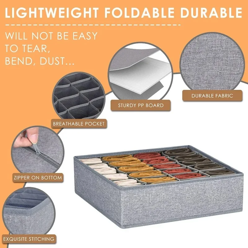 1/2/3 Pack Gray Sock Underwear Organizer Dividers 16/24/64 Cell Fabric Foldable Closet Organizers Storage Boxes for Storing Sock 4
