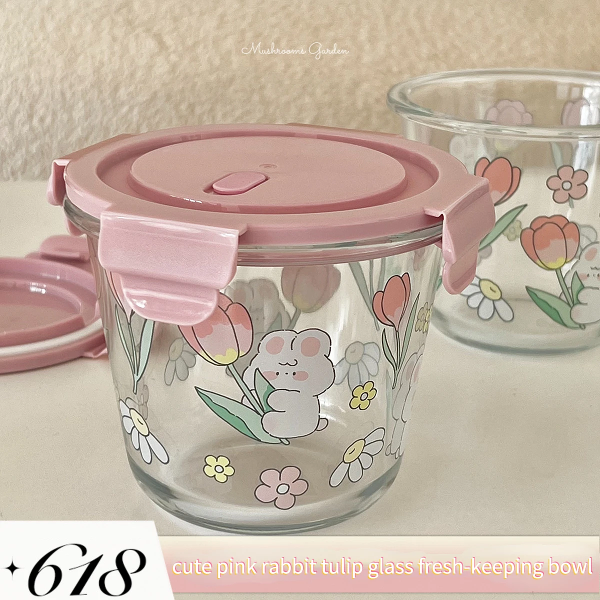 

Mushrooms Garden Korean Pink Rabbit Tulip Glass Fresh-keeping Bowl Lunch Box with Lid Leak-proof Moisture-proof Microwaveable