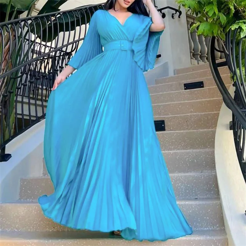 Plus Size Women Party Dress Ruffle Long Sleeve Elegant Dress 2023 Spring Casual Belt Robe Female Designer Fashion V Neck Outfit