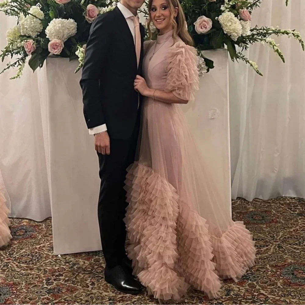 

Elegant Pink High Neck Tulle 2024 New Layered Porm Dresses A-line Mid Sleeve Evening Dresses Formal Party Gowns Floor Length