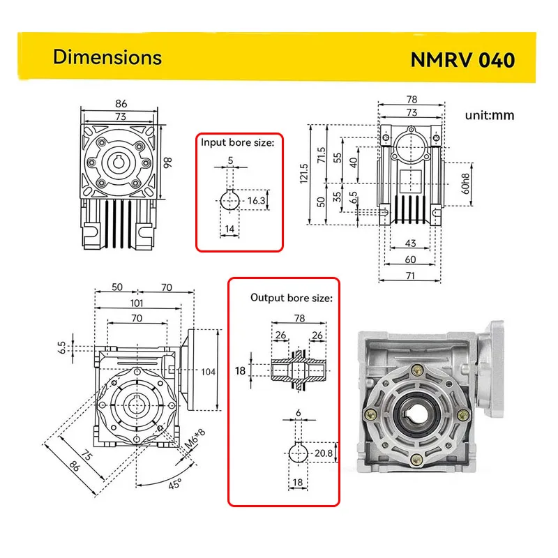 6RK 광축 모터용 NMRV040 웜기어 기어박스, 입력 플랜지 104X104 축 14mm 키 5mm. 금속 기어헤드 웜기어 감속기