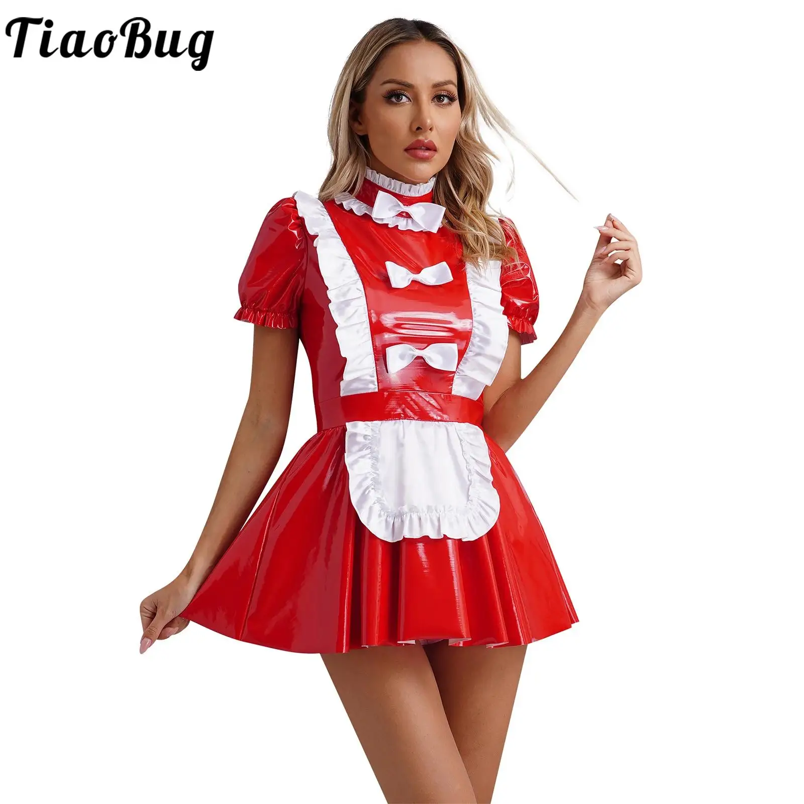 

Women Patent Leather Waitress Costume Wet Look Rave Party Maid Dress French Servant Babydoll Cosplay Halloween Carnival Dress Up