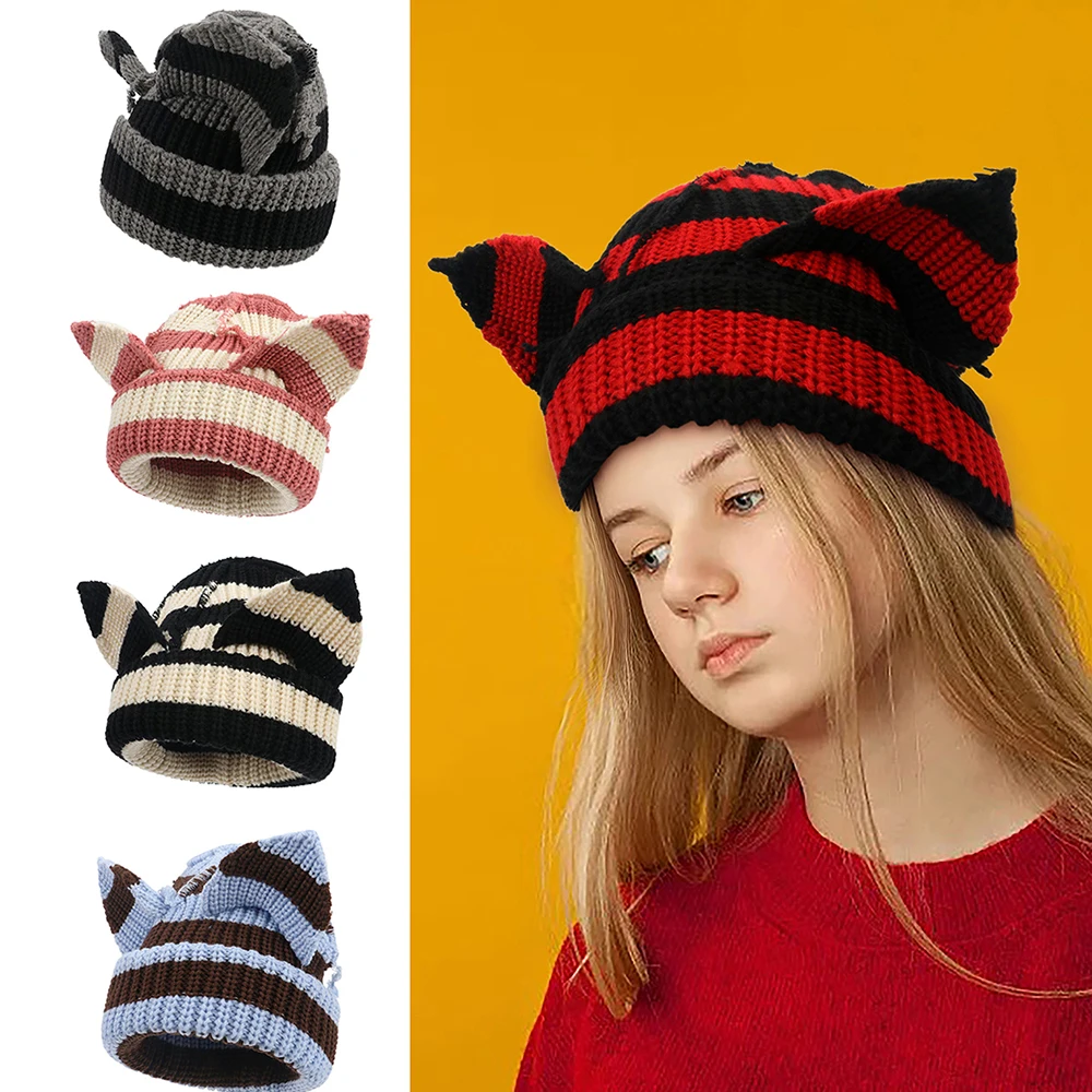 

Women Cute Beanie Hats Hip Hop Cap Long Ears Wool Warmth Fox Hat Devil Ears Crochet Knitted Hat Punk Streetwear Christmas Gift