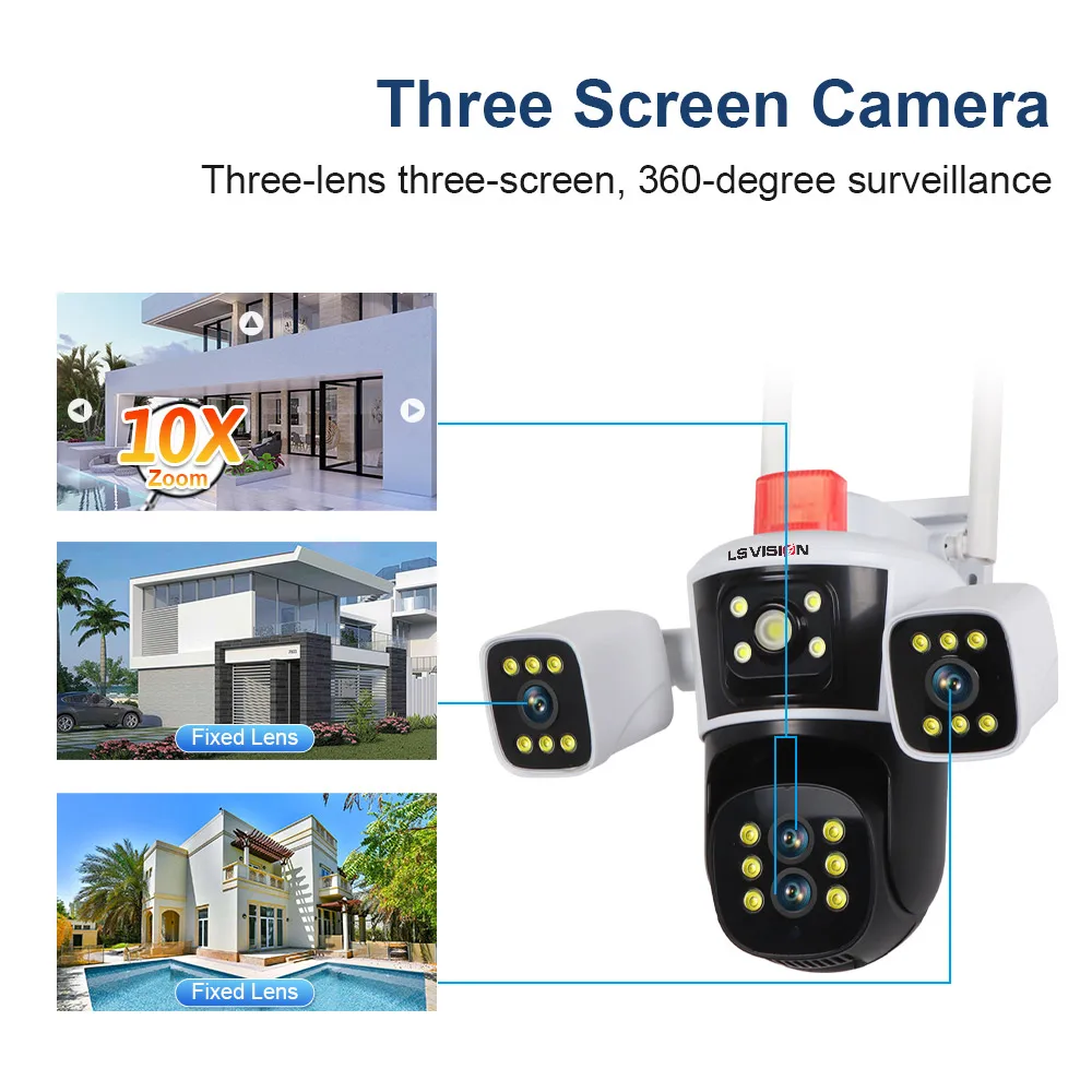 LS VISION 16MP 10X Zoom WiFi Three Screens IP Camera Outdoor 8K UHD PTZ Four Lens Human Auto Tracking Waterproof Security Camera