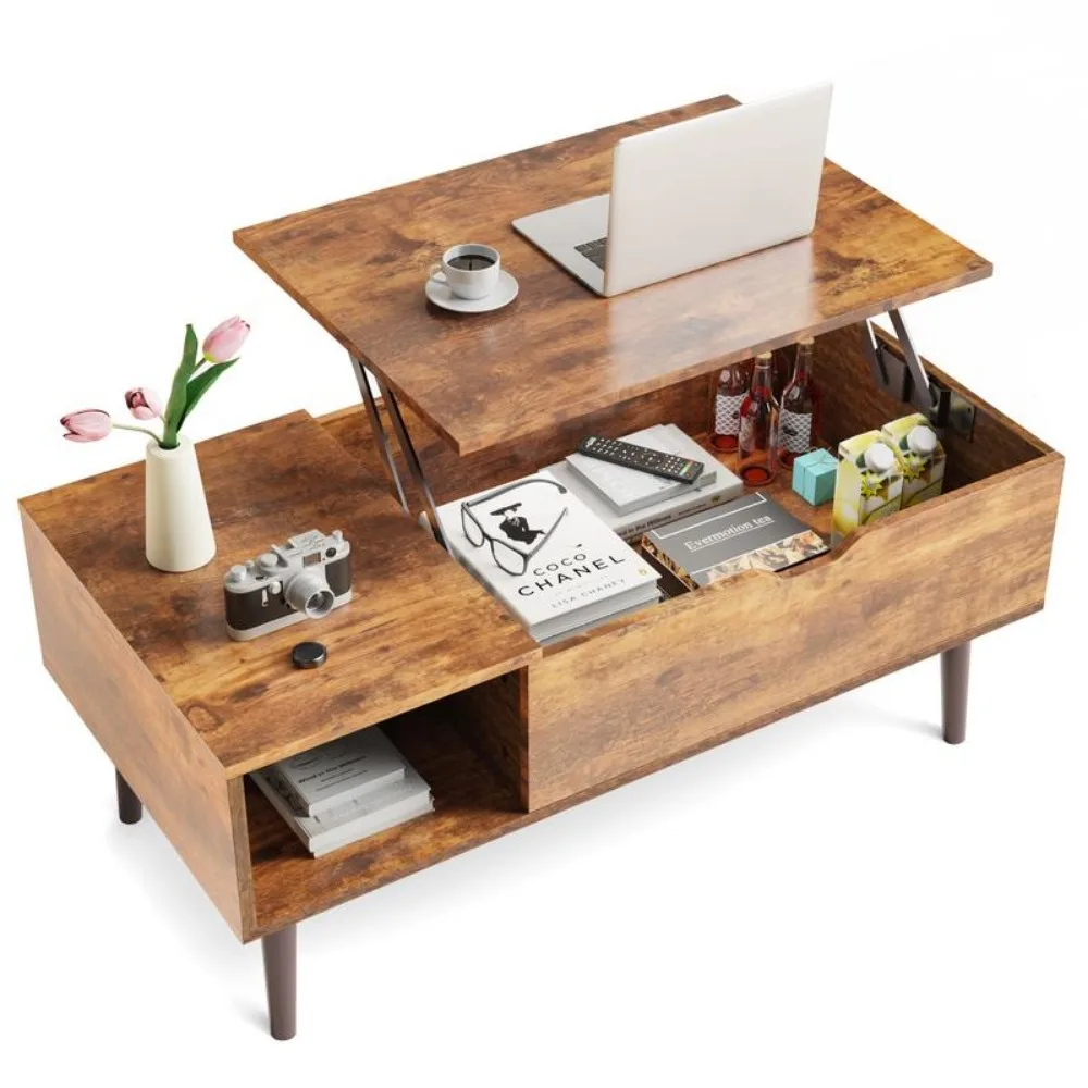 

Coffee Table, Elevated Desktop Wooden Dining Table with Storage Rack and Hidden Compartments, Coffee Table