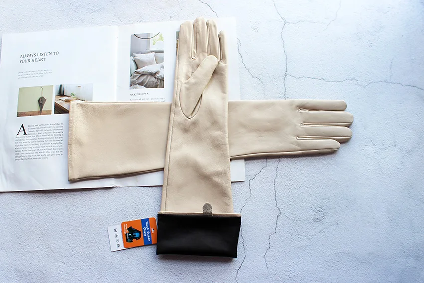 Women's Touch Screen Long Leather Gloves Thin Colored Sheepskin Fashion Stage Wear Autumn Silk Lining Sleeves