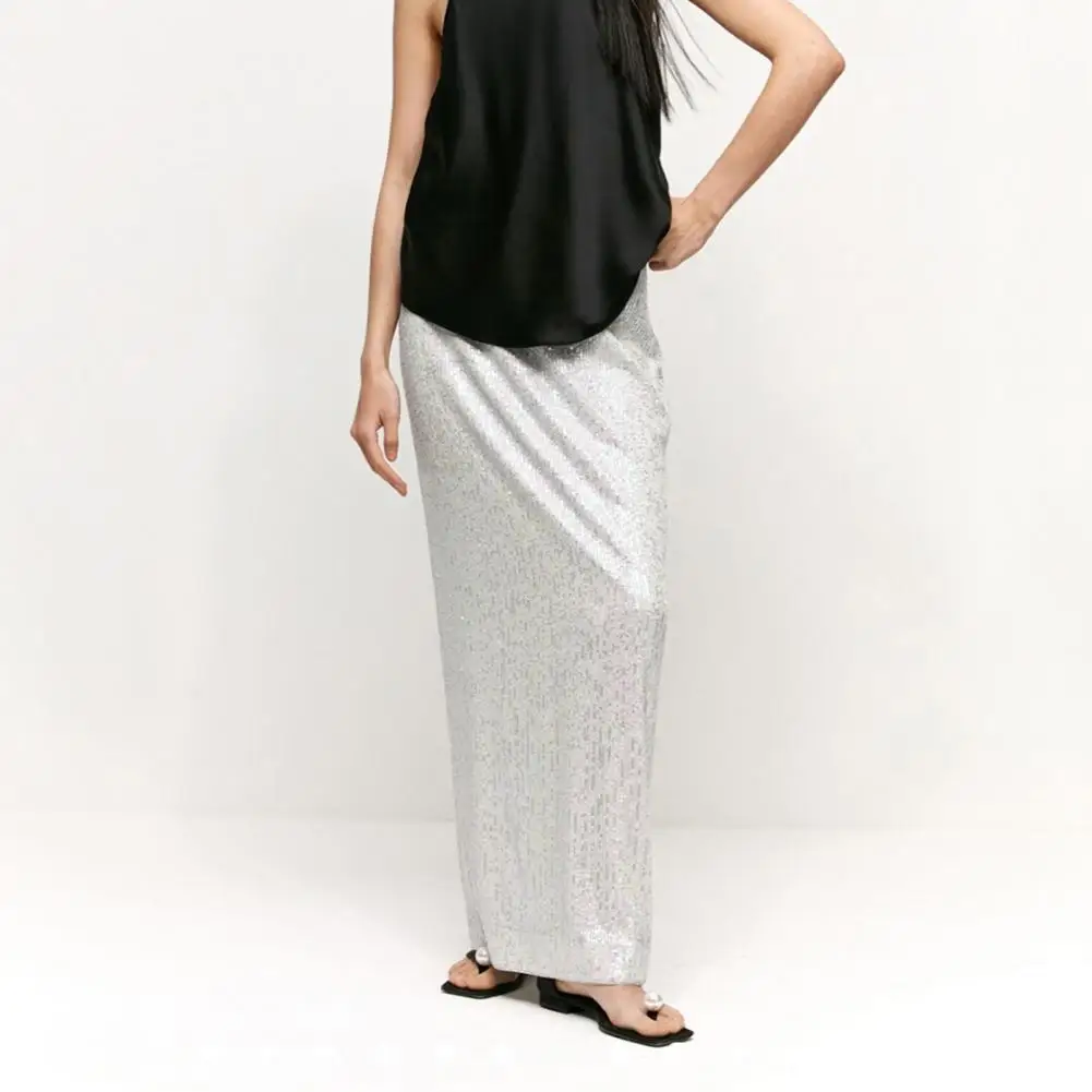 

Long Sequin Skirt Sequin High Waist Maxi Skirt for Women Solid Color Loose Ankle Length Beach Travel Skirt with Zipper Back
