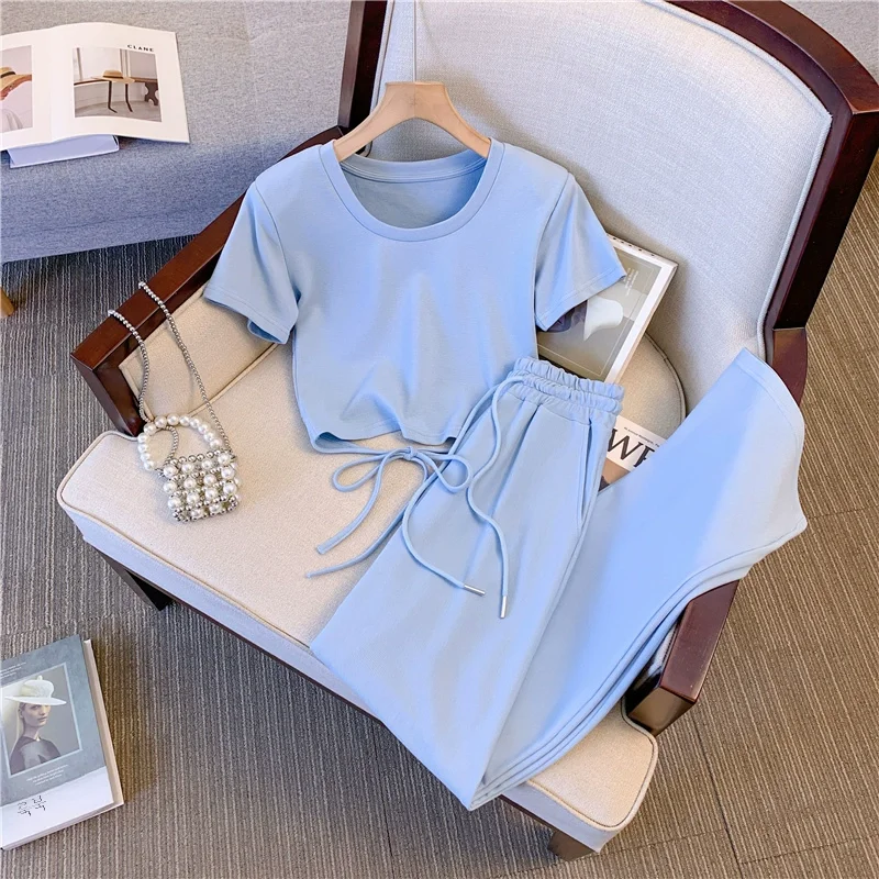 트렌디 한 투피스 세트 여성 여름 새로운 하이 웨이스트 와이드 레그 바닥 길이 바지 솔리드 컬러 반팔 티셔츠