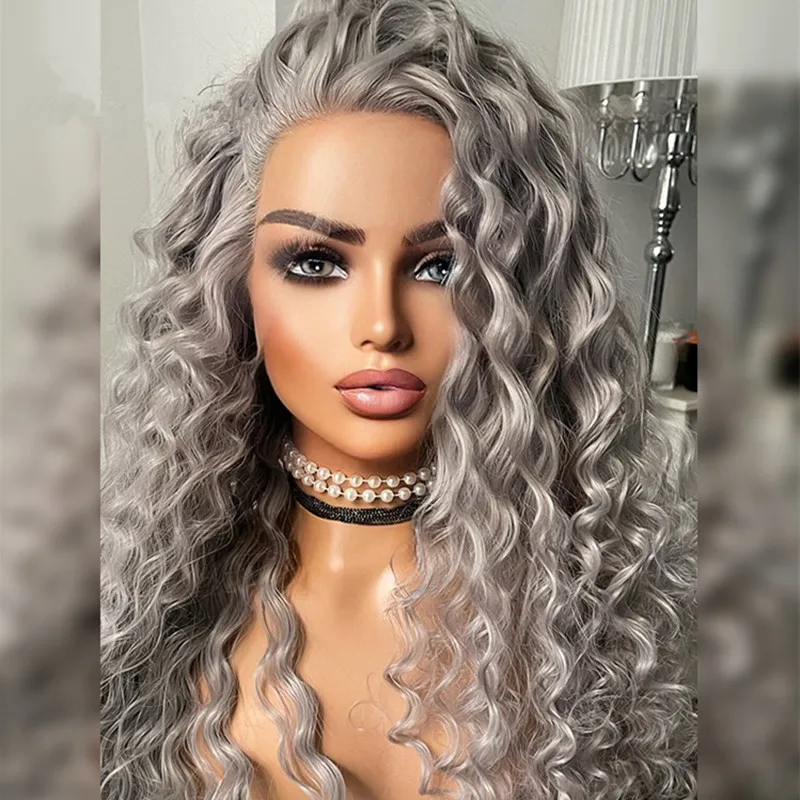Soft Grey Kinky Curly Preplucked 26 Inch 180Density Glueless Lace