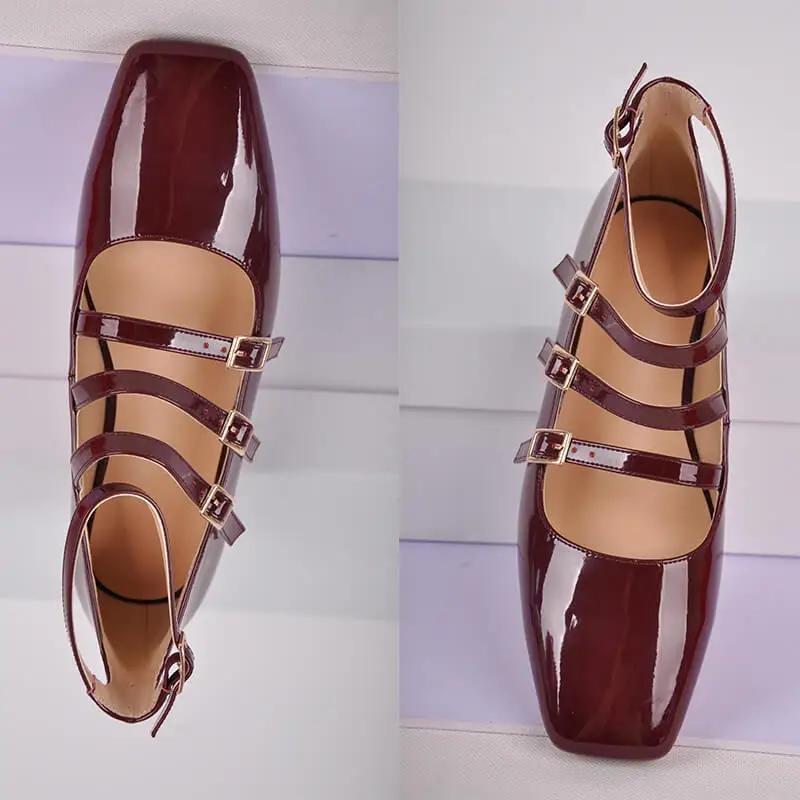 Onlymake Women Flats Square Toe Patent Leather Mary Jane Strap Retro Elegant Big Size Daily Flats Pumps women shoes,women flats