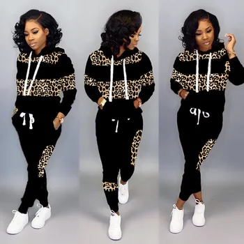 Two Piece Sets Women Pant Set Leopard Print Hoodies Sweatshirts Full Sleeve Tops Long Pants Lace Up Elastic Waist Autumn 1