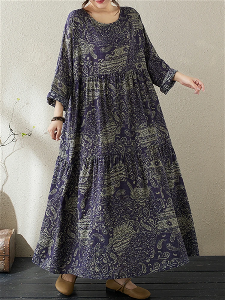 2025 Spring Autumn Cotton Vintage Print Dresses Women Casual Loose Long Sleeve Yellow Dress Femme Robe Vestidos Fashion Clothing