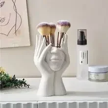 1pc Creative Face Cosmetic Bucket Makeup Brush Organizer Resin Art Sculpture Storage Container Bathroom Accessory Home Decor