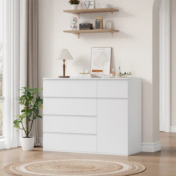 Getone White Chest of Drawers Bedroom, Tall Chest of Drawers with 5 Drawers 1 Doors, Bedroom Furniture Dresser Storage Cupboard Cabinet  Bedroom Dresser, for Dining Room Living Room Hallway 100x80x40cm White/Black