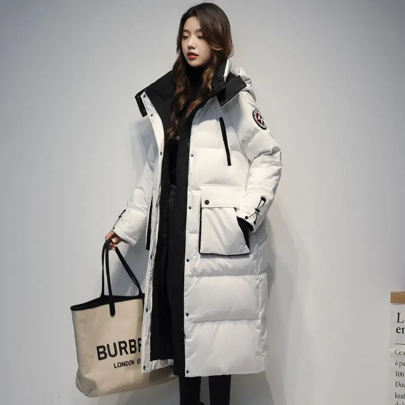 

Winter Women's Slim Pocket Zipper Down Jacket 2023 Warm Hooded White Duck Down Jacket Female Loose Casual Fashion Thicken Coat