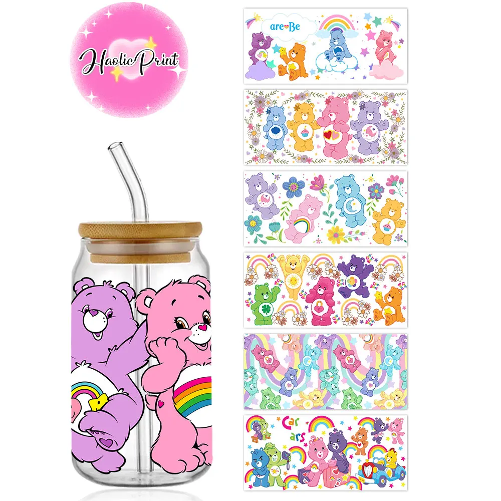 Cute Bear Rainbow UV DTF 16oz Libbey Cup Digital Wrap UVDTF Transfer Adhesive Wrap No Heat Needed Cup Not Included sticker cups cup wraps uv dtf wrap transfer
