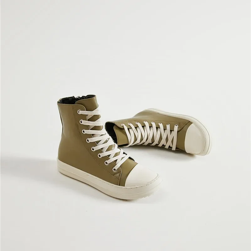 

Spring Couple Woman Platform Sneakers Lace Up Increasing High Top Casual Shoes Flats Women Leather Zip vulcanized Shoes A2A-13