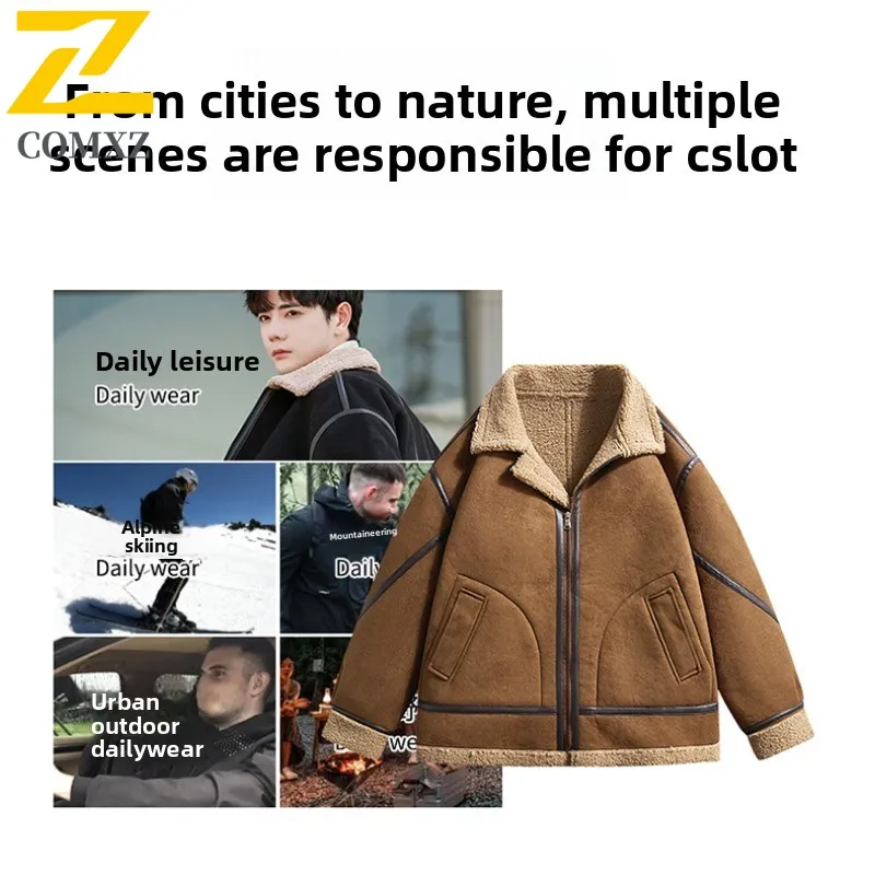 Men's Suede Fleece Jacket Winter Windproof Padded Coat Sports Bomber Style Waterproof Thermal Lined Shearling Outdoor Casual2025