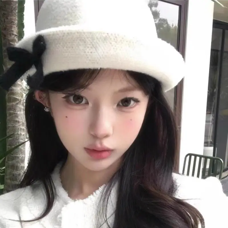 

2022 New Korean Version Trendy and Fashionable Women Winter Knitted Bow Hat Retro Hazy Fisherman Outdoor Warmth Matching