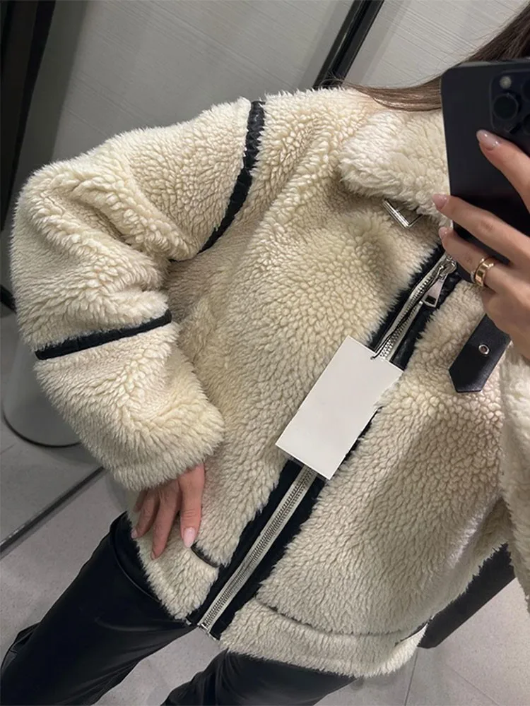 Women Fake Fur Zipper Jacket Coat Loose Long Sleeve Lapel Collar Thicken Coats 2023 Winter Fashion Female Warm Street Outwears