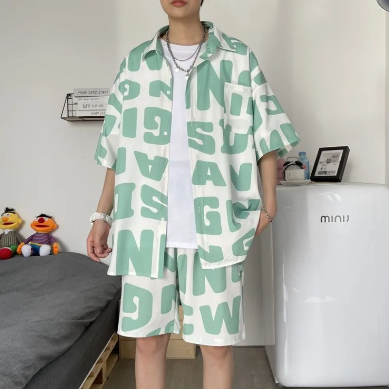 Spring Summer New Fashion Short Sleeved Men's Clothing All Match Casual Korean Style Loose Printed Y2K Button Rope Cambre Suit