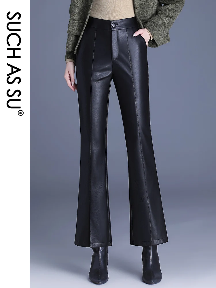 High Quality Women Pockets Pants 2023 Autumn Winter Slim Fit Ankle-Length PU Leather Elastic Waist Flare Split Trousers Female