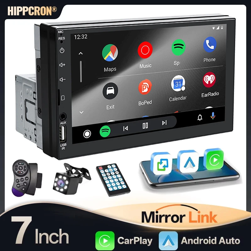 Radio para Auto HIPPCRON 1 Din, Reproductor Multimedia de 7 Pulgadas con Pantalla Táctil HD, Entrada AUX FM, Bluetooth, MirrorLink, Autoradio Universal 1