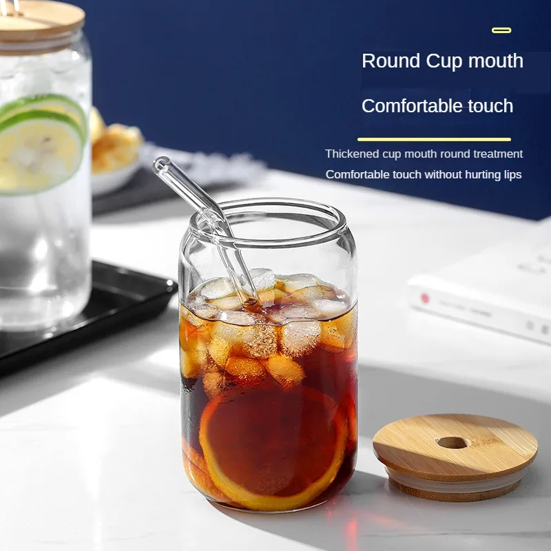 4/6PCS Can Shaped Drinking Glasses with Bamboo Lids & Straws Clear Water Glass  Cups,Iced Coffee,Tea,Tumbler Cup,Soda Glasses