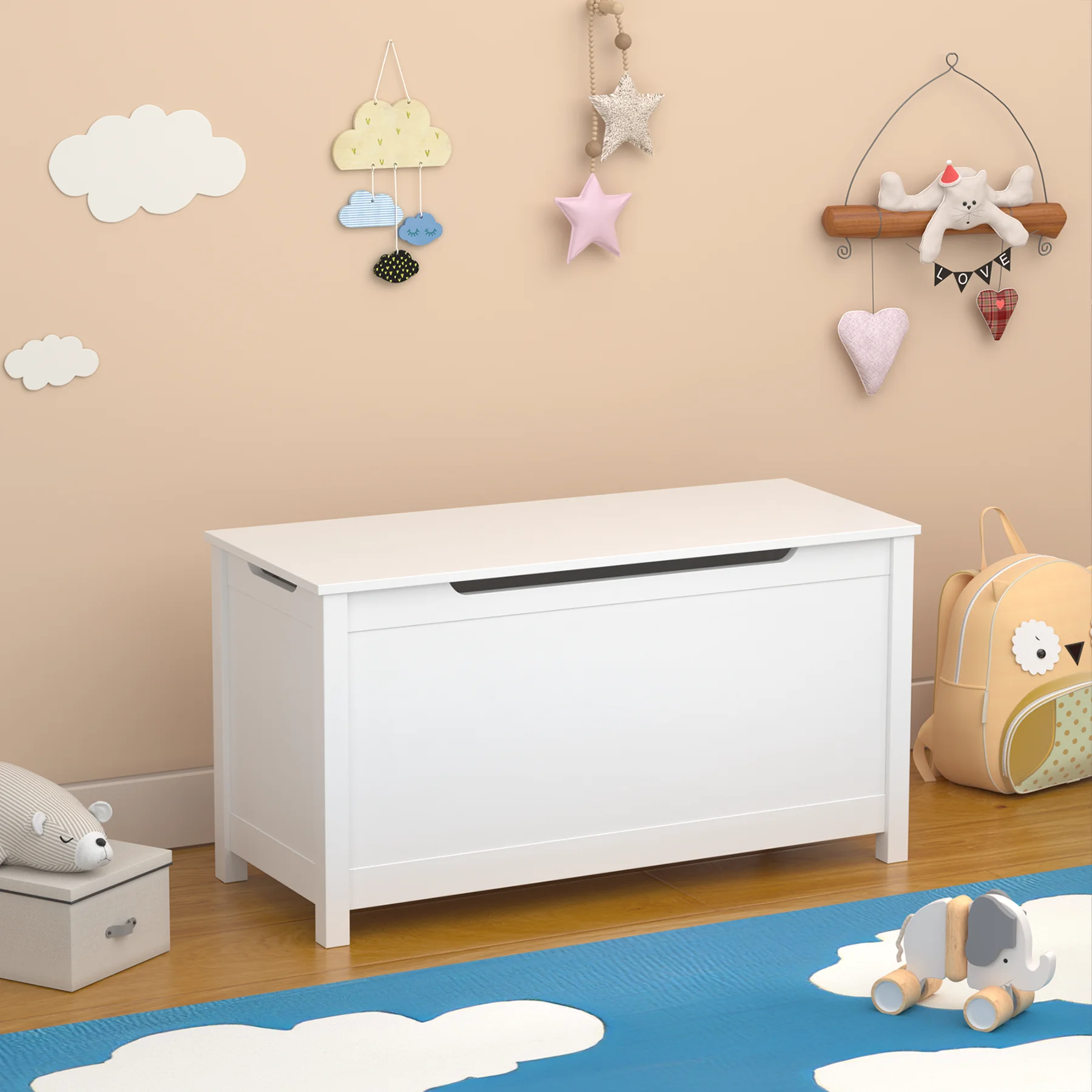 Toys Organizer Box Storage Ages 2+ Safety Hinged Lid Kids Wooden Toy Box Storage Toys Organizer
