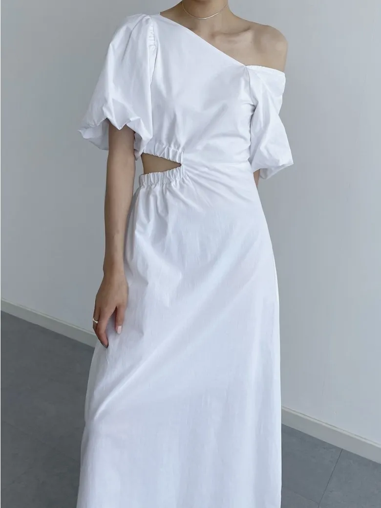 

Summer Streetwear Casual Side Hollow Out Bare Waist Maxi Dress White Black Slim Skew Collar Lantern Short Sleeve Ladies Dresses
