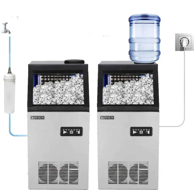 ROVSUN 110LBS/24H Commercial Ice Maker Machine with 2 Water Inlets, Freestanding Ice Machine with 24lbs Storage Bin, Scoop