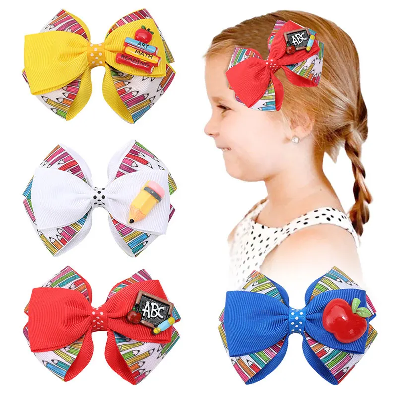 

Fashion Pencil Print Hairpins Boutique Back To School Hair Bow Clips For Kids Ribbon Hairgrips Sweet Headwear Girls School Gift