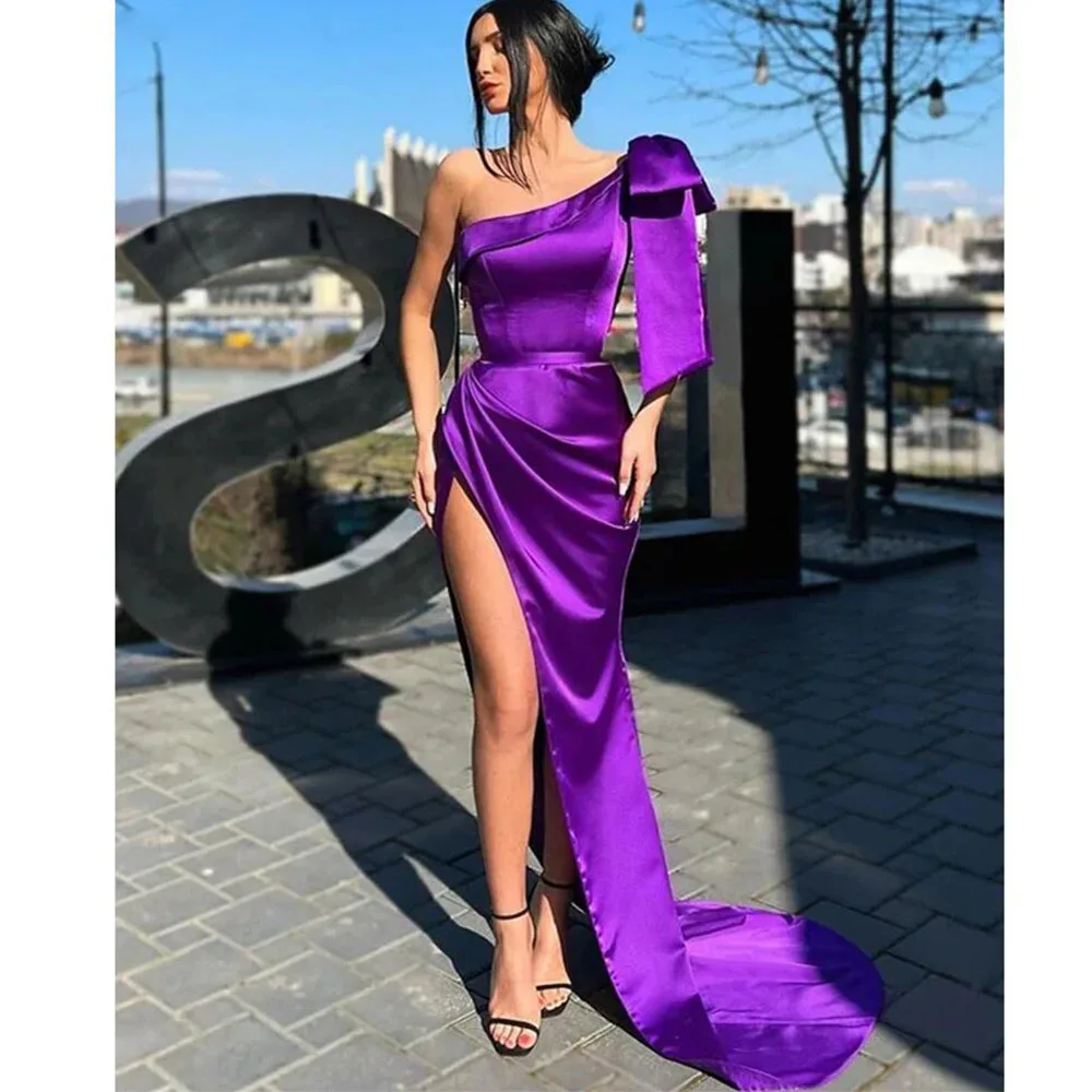 

JEHETH Fashion One Shoulder Evening Dress 2024 Sexy Side Split Bride Robe Charming Satin Bridal Gowns Vestidos De Novia Bow