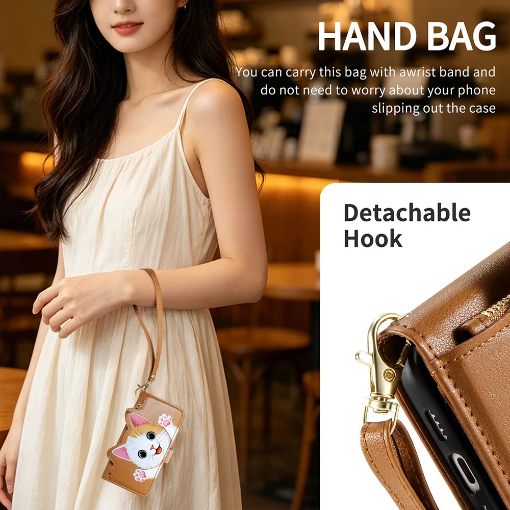 Adorable Cat Crossbody Lanyard Strap Wallet Phone Case Cover