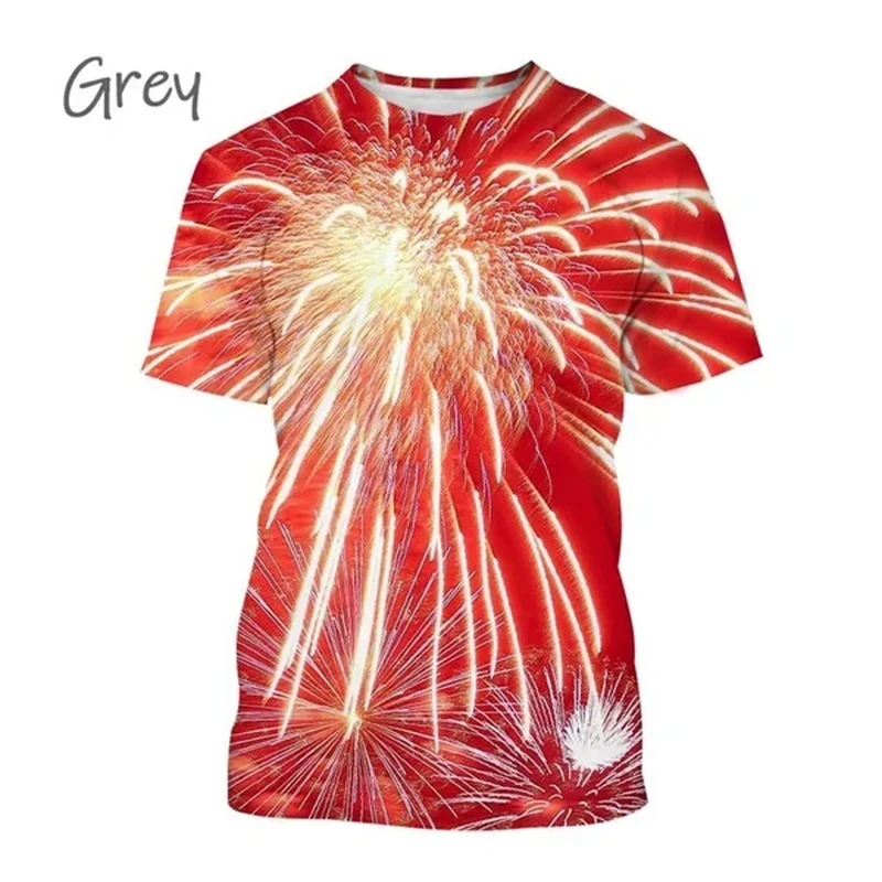 New Fireworks 3D Printing T-shirt Rainbow Flame Round Neck Short