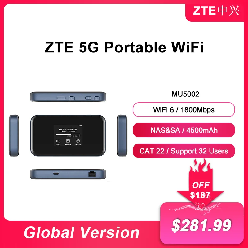 ZTE 글로벌 오리지널 휴대용 와이파이 5G 라우터, MU5002 LTE CAT22 와이파이, 6 1800Mbps NSA ...